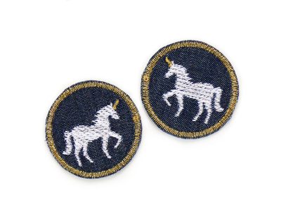 2 Glitzer-Einhorn Mini-Patches aus dunkelblauem Jeansstoff mit weißem Einhorn und goldfarbener Glitzer-Garnumrandung, jeweils Ø 4 cm, Mini-Aufnäher 2er Set handmade Berlin