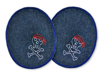 Knieflicken mit Totenköpfen, 2 große Jeansflicken aus dunkelblauem Jeansstoff mit aufgestickten bunten Piraten-Totenköpfen, 8 x 10 cm, Bügelflicken für Kinderhosen handmade Berlin