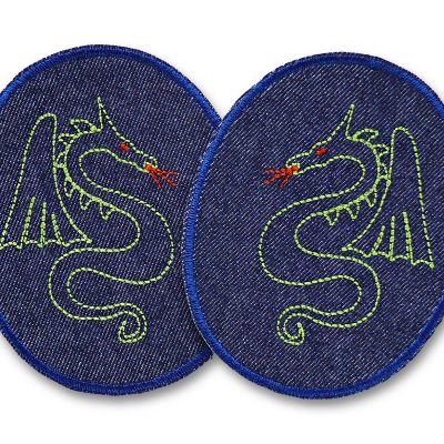 2 Drachen-Knieflicken aus dunkelblauem Jeansstoff mit aufgestickten grünen Drachen, jeweils 8 x 10 cm, ovale Bügelflicken für Kinderhosen handmade Berlin