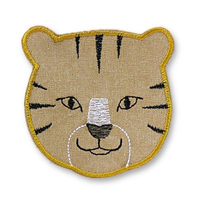 Gestickter Tiger-Bügelpatch aus hellbraunem Baumwollcanvas, 8,5 x 8,5 cm, Tiger-Knieflicken für Kinderhosen und Jeanshosen, Aufnäher handmade Berlin Piratenbande