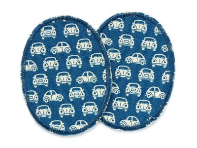 2 Oldtimer-Knieflicken aus blau-petrolfarbenem Baumwollcanvas mit hellen Retro-Autos, jeweils 6 x 8 cm, ovale Bügelflicken für schmale Kinderhosen handmade Berlin