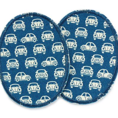 2 Oldtimer-Knieflicken aus blau-petrolfarbenem Baumwollcanvas mit hellen Retro-Autos, jeweils 6 x 8 cm, ovale Bügelflicken für schmale Kinderhosen handmade Berlin