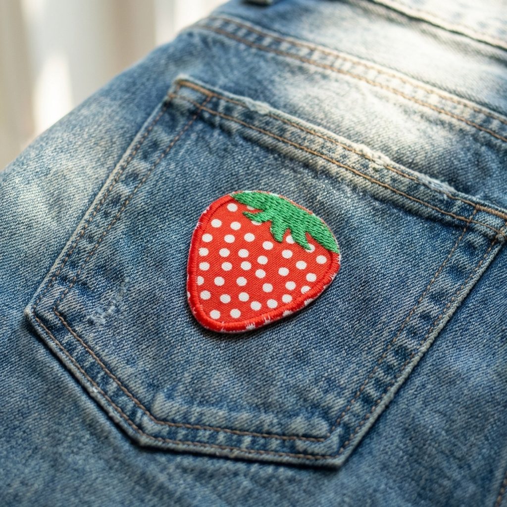 Erdbeere als Bügelpatch Motiv, Erdbeer-Bügelflicken rot mit weißen Punkten und grünem Blatt, handmade Berlin Piratenbande