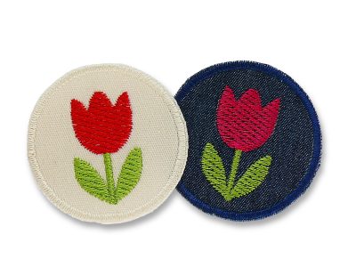Jeansflicken Tulpe in 2 Farben, Hosenflicken einfach aufbügeln – rote Tulpe auf naturfarben und pinke Tulpe auf dunkelblau, Ø 5 cm, Bügelflicken handmade Berlin