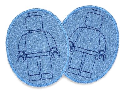 Knieflicken mit aufgestickten Bausteinmännchen in Mittelblau, 2 ovale Jeansflicken mit dunkelblauen Spielfiguren auf mittelblauem Jeansstoff, 8 x 10 cm, Lego-Fans handmade Berlin