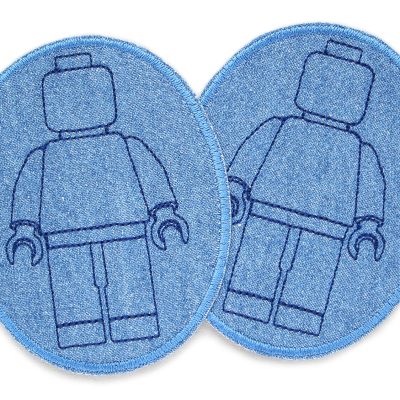 Knieflicken mit aufgestickten Bausteinmännchen in Mittelblau, 2 ovale Jeansflicken mit dunkelblauen Spielfiguren auf mittelblauem Jeansstoff, 8 x 10 cm, Lego-Fans handmade Berlin