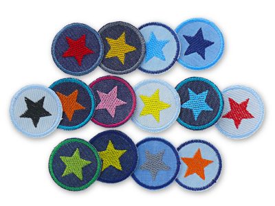 Mini Jeans-Patches mit gesticktem Stern in 14 Farben, Durchmesser jeweils 4 cm, aus Jeans, als Mini Bügelflicken für ganz kleine Löcher in Hosen oder Accessoire für Jacke, Tasche, Shirt, handmade in Berlin