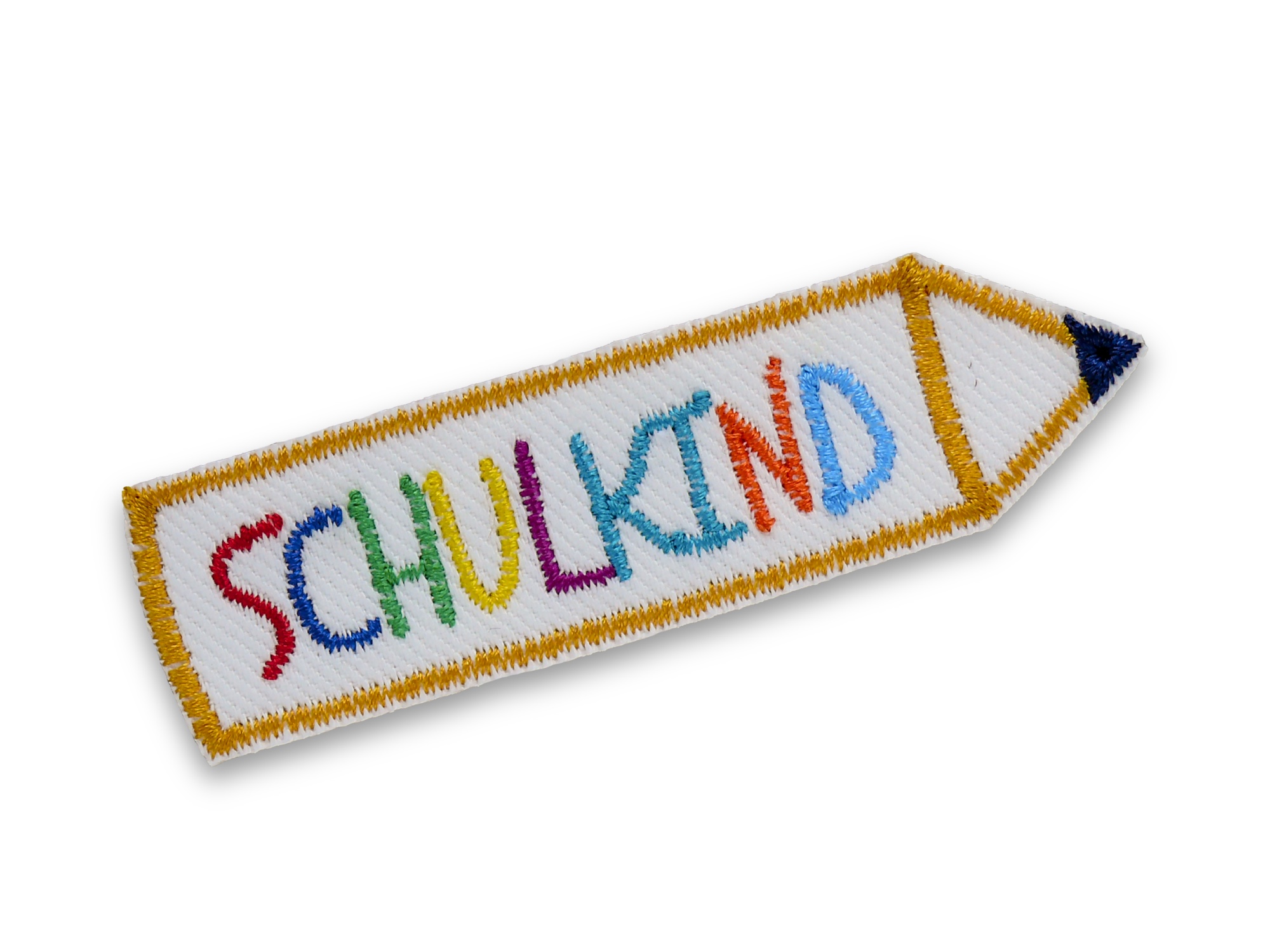 Schulkind Aufnäher Bügelpatch 9 x 2,5 cm – gestickter Bleistift mit Schulkind Aufschrift in bunten Regenbogen-Buchstaben auf weißem Jeansstoff, Einschulungs-Patch handmade Berlin