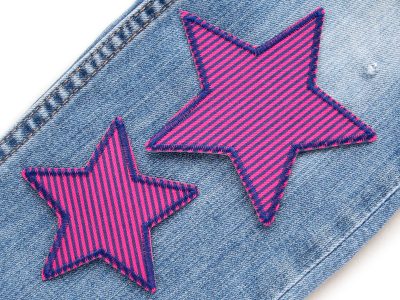 Pink-blau gestreifter Stern-Jeansflicken auf Jeanshose aufgebügelt, 7,5 cm oder 10 cm, Hosenflicken Kinderhosen reparieren Piratenbande Berlin