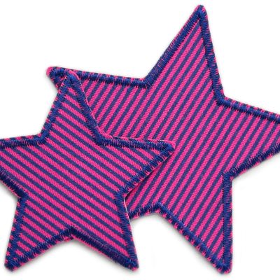 Stern Jeans Aufnäher Flicken zum aufbügeln, Stern Bügelflicken aus dunkelblau-pink gestreiftem Jeansstoff, 2 Größen