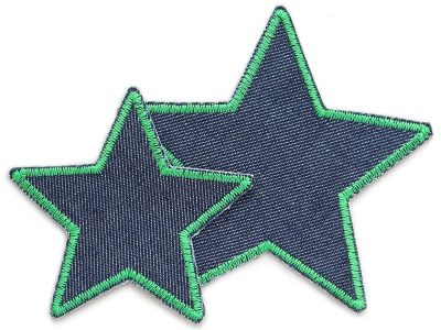 Stern Jeans Aufnäher grün in 2 Größen 7,5 cm und 10 cm aus dunkelblauem Jeansstoff mit grüner Garnumrandung, Stern-Bügelflicken sternförmig für Kinderhosen handmade Berlin