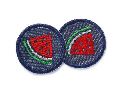 2 Melonen Mini Patches aus dunkelblauem Jeansstoff mit gestickter Wassermelone, jeweils Ø 4 cm, Mini-Bügelflicken handmade Berlin