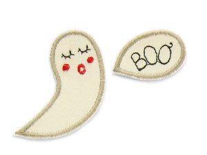 Gespenster Patches BOO 2er Set aus naturfarbenem Jeansstoff – gesticktes Gespenst 6 x 5,5 cm und Sprechblase BOO 2,5 x 4 cm, Halloween Bügelbilder handmade Berlin