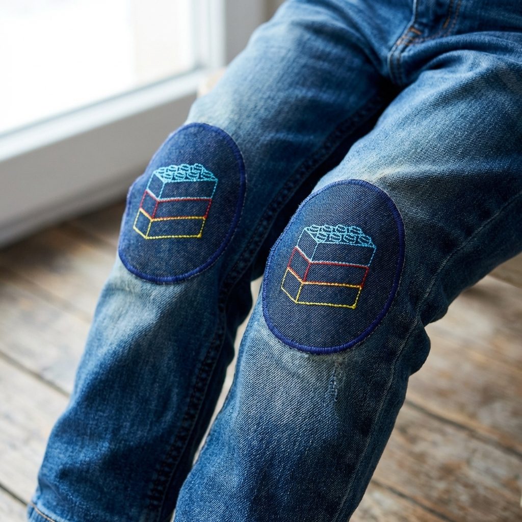 Jeansflicken für Kinder mit gestickten bunten Legobausteinen, dunkelblaue Bügelflicken für Kinder, handmade in Berlin