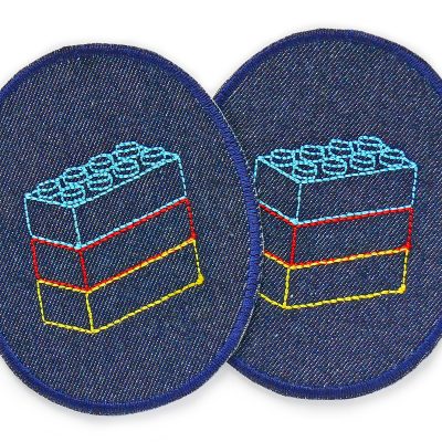 dunkelblaue Jeansflicken mit aufgestickten Bausteinen, Knieflicken zum aufbügeln für Legofans