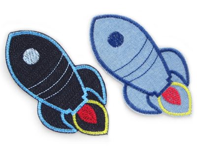 Gestickter Raketen-Jeansflicken aus blauem Jeansstoff in zwei Farbvarianten, 11 x 6 cm, zum Aufbügeln auf Kinderhosen und Jeansjacken, handmade Berlin