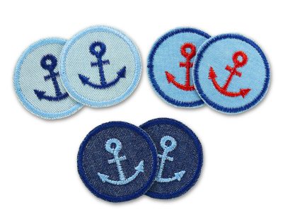 Mini Patches mit Anker zum aufbügeln, gestickt auf Jeansstoff, in 3 Farben – Anker Jeansflicken 2er Set Ø 4 cm dunkelblau hellblau und rot auf hellblauem Jeans, Bügelflicken handmade Berlin