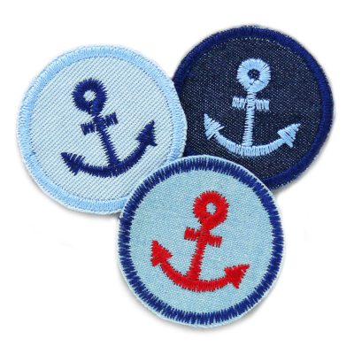 Mini Patches mit Anker zum aufbügeln, gestickt auf Jeansstoff, in 3 Farben