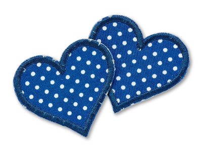 2 Herz Patches Pünktchen blau aus blauem Baumwollstoff mit weißen Punkten, jeweils 5,5 x 5 cm, herzförmige Bügelflicken für Kinderhosen und Jeans handmade Berlin