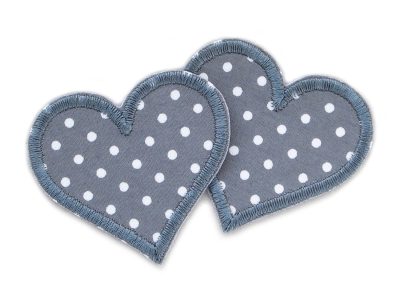 2 Herz Patches Pünktchen grau aus grauem Baumwollstoff mit weißen Punkten, jeweils 5,5 x 5 cm, herzförmige Bügelflicken für Kinderhosen und Jeans handmade Berlin