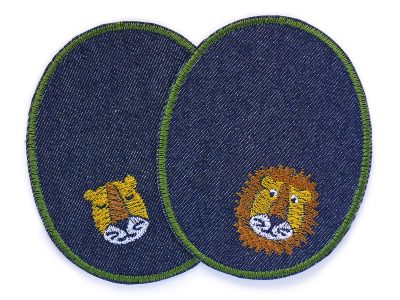 2 Löwen-Knieflicken aus dunkelblauem Jeansstoff mit gesticktem Löwen und Löwin in Braun, Ocker und Weiß, jeweils 8 x 10 cm, ovale Bügelflicken für Kinderhosen handmade Berlin