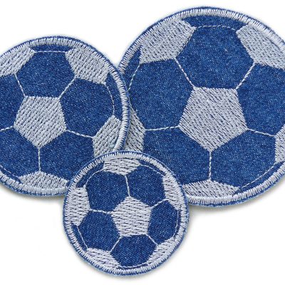 3 Fußball Flicken zum aufbügeln im Set, gestickt auf blauen Jeansstoff, Jeansflicken für Kinder