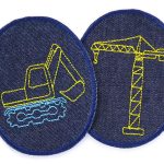 2 Knieflicken Baustelle, 8x10 cm, Bagger und Kran, Bügelflicken