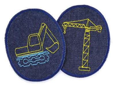 Knieflicken Baustelle – 2 ovale Bügelflicken aus dunkelblauem Jeansstoff mit gesticktem Bagger und Kran, jeweils 8 x 10 cm, Jeansflicken für Kinderhosen handmade Berlin