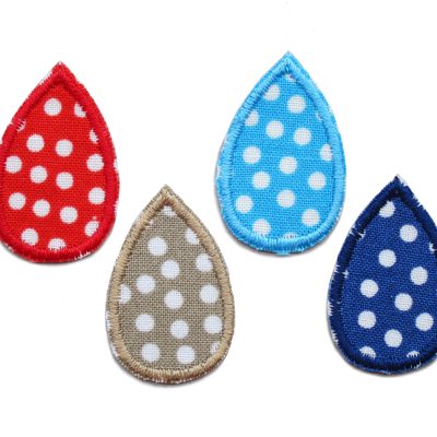 4 Mini Tropfen-Bügelpatches aus Baumwollstoff mit weißen Punkten, 3,5 x 2,5 cm, in Dunkelblau Hellblau Rot Ocker, Regentropfen Aufnäher 4er Set zum Aufbügeln, handmade Berlin