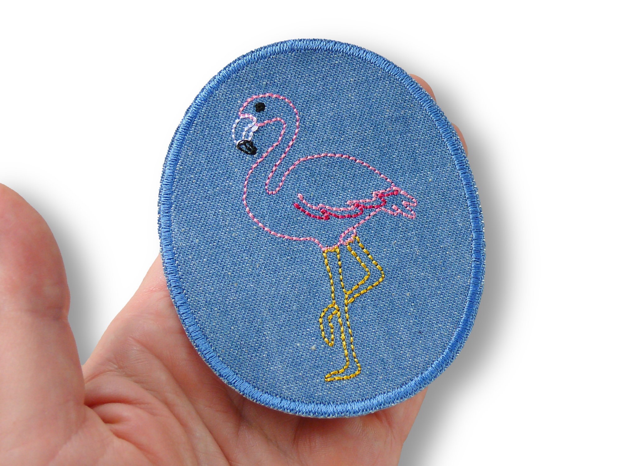 Flamingo Knieflicken Jeans 8 x 10 cm auf Hand, Flamingo-Bügelflicken Hosenflicken handmade Berlin Piratenbande