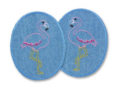 2 Flamingo Knieflicken 8 x 10 cm aus mittelblauem Jeansstoff mit rosa gestickten Flamingos, ovale Bügelflicken für Kinderhosen handmade Berlin