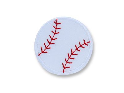 kleiner gestickter Baseball Patch zum aufbügeln – Baseball Bügelflicken Ø 5 cm aus weißem Baumwollstoff mit roten Nähten, das einzige Baseball-Patch, handmade Berlin