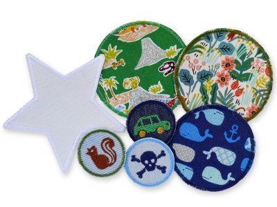 Set mit 7 Bügelflicken für Kinder: Stern 10 cm, Wal 7 cm, Dschungelpflanzen 8 cm, Mini-Patches Auto Eichhörnchen Totenkopf 4 cm, Bügelflicken-Set zum Sparpreis handmade Berlin