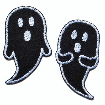 Gespenster Bügelbild schwarz, gestickte kleine Gespenster aus schwarzem Baumwollstoff in 2 Varianten