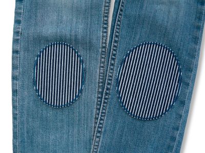 Ovale Jeansflicken blau-hell gestreift in 2 Größen, zum Aufbügeln, Oshkosh-Jeansstoff 8 x 10 cm oder 10 x 12 cm, Knieflicken für Kinder und Erwachsene handmade Berlin