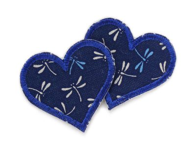 kleine Herz Patches dunkelblau mit Libellen – herzförmige Bügelflicken 5,5 x 5 cm aus dunkelblauem Baumwollstoff mit hellen und blauen Libellen, handmade Berlin
