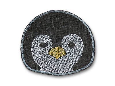 Pinguin-Knieflicken aus dunkelgrauem Baumwollcanvas mit gesticktem Pinguinkopf in Weiß Gelb, 8,5 x 7,5 cm, Bügelflicken für Kinderhosen handmade Berlin