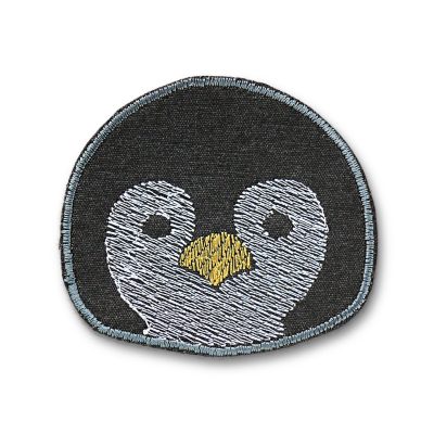 Pinguin-Knieflicken aus dunkelgrauem Baumwollcanvas mit gesticktem Pinguinkopf in Weiß Gelb, 8,5 x 7,5 cm, Bügelflicken für Kinderhosen handmade Berlin