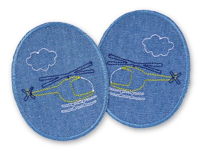2 Hubschrauber-Knieflicken aus mittelblauem Jeansstoff mit aufgestickten bunten Hubschraubern, jeweils 8 x 10 cm, Bügelflicken für Kinderhosen handmade Berlin