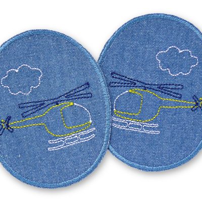2 Hubschrauber-Knieflicken aus mittelblauem Jeansstoff mit aufgestickten bunten Hubschraubern, jeweils 8 x 10 cm, Bügelflicken für Kinderhosen handmade Berlin