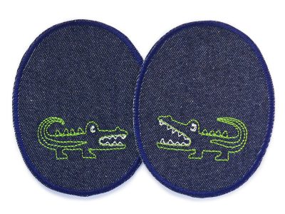 2 Krokodil-Knieflicken aus dunkelblauem Jeansstoff mit gesticktem grünem Krokodil, jeweils 8 x 10 cm, ovale Jeansflicken für Kinderhosen handmade Berlin