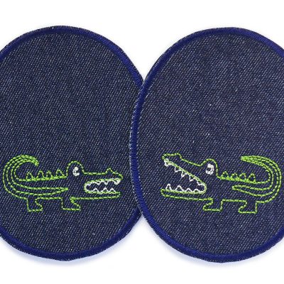 2 Krokodil-Knieflicken aus dunkelblauem Jeansstoff mit gesticktem grünem Krokodil, jeweils 8 x 10 cm, ovale Jeansflicken für Kinderhosen handmade Berlin