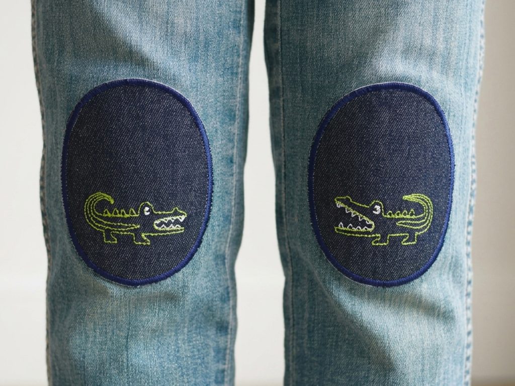 Krokodil-Knieflicken auf Kinderhose aufgebügelt, dunkelblauer Jeansstoff 8 x 10 cm mit grünem Krokodil gestickt, Bügelflicken Kinderhosen reparieren Piratenbande Berlin
