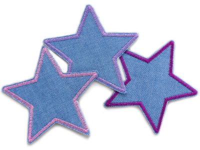 3 Stern-Jeansflicken Set aus mittelblauem Jeansstoff mit Garnumrandung in Rosa Lila Flieder, jeweils 8 x 8 cm, Bügelflicken 3er Set für Kinderhosen handmade Berlin