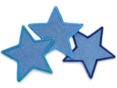Set 3 Stern Aufnäher zum aufbügeln aus Jeans, jeweils 8 x 8 cm - aus mittelblauem Jeansstoff mit Umrandung in hellblau, dunkelblau & petrol, handmade in Berlin