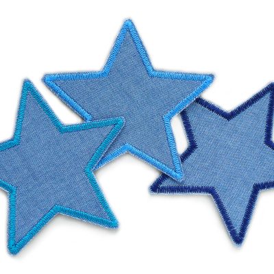 Set 3 Stern Aufnäher zum aufbügeln aus Jeans, jeweils 8 x 8 cm - aus mittelblauem Jeansstoff mit Umrandung in hellblau, dunkelblau & petrol, handmade in Berlin