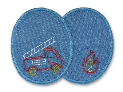 2 Feuerwehr-Knieflicken aus mittelblauem Jeansstoff mit gesticktem Feuerwehrauto und Feuer, jeweils 8 x 10 cm, Bügelflicken für Kinderhosen handmade Berlin