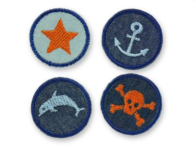 4 maritime Mini-Jeansflicken Ø 4 cm Set – Anker, Totenkopf, Delfin und Stern in Orange und Blau, Bügelflicken für Jeans, Jacken und Rucksäcke handmade Berlin