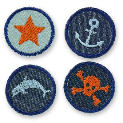 4 maritime Mini-Patches zum aufbügeln im Set - Anker, Totenkopf, Delfin Stern, 4 cm, dekorative Aufnäher für Jacken, Hosen, Rucksäcke, handmade in Berlin