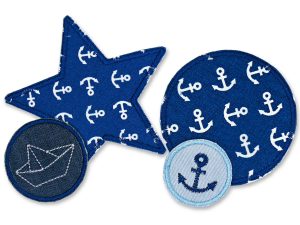 Set 4 maritime Hosenflicken blau – Mini-Anker Ø 4 cm, Segelboot Ø 5 cm, Anker Ø 8 cm und Stern mit Ankern 10 x 10 cm, Bügelflicken maritim handmade Berlin